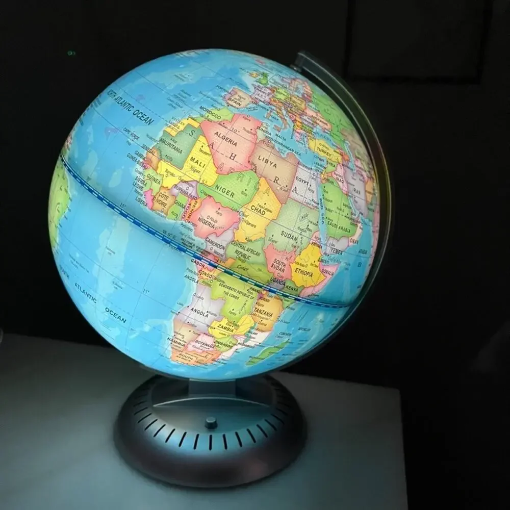 Light Up World Globe 9 in Silver Plastic Base Battery Operated